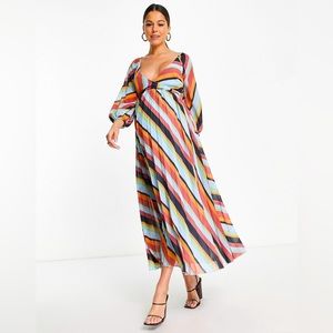 ASOS Design pleated wrap dress in multi stripe. Size 4 maternity. Like-New.